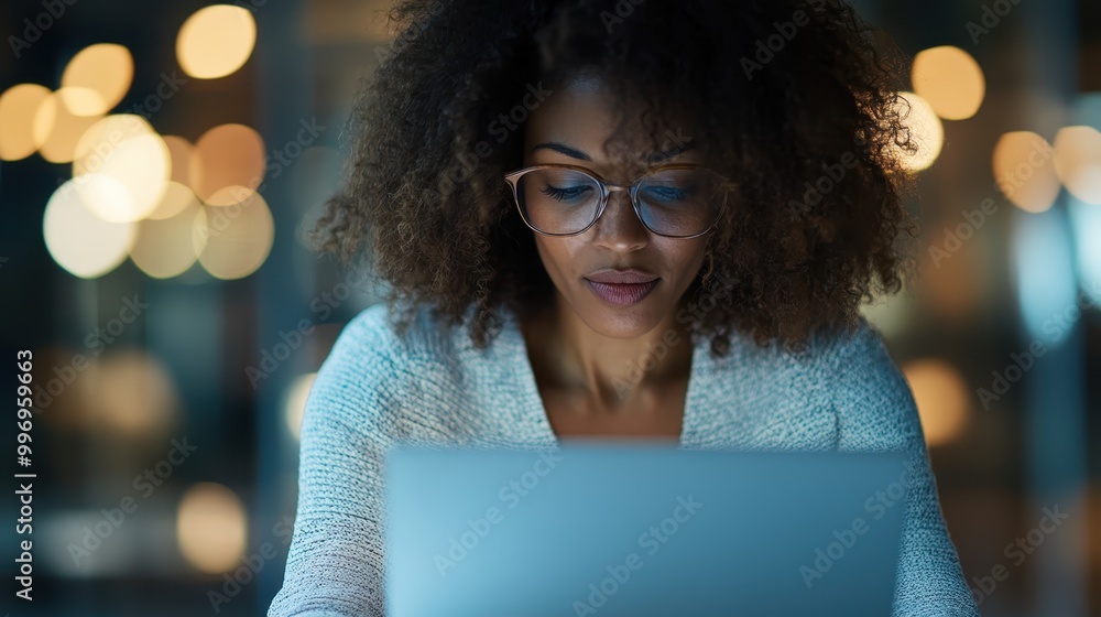 A dedicated woman with curly hair and glasses is seen working intently on her laptop late at night, showcasing focus, perseverance, and determination. A dedicated woman with curly hair and glasses is seen working intently on her laptop late at night, showcasing focus, perseverance, and determination.