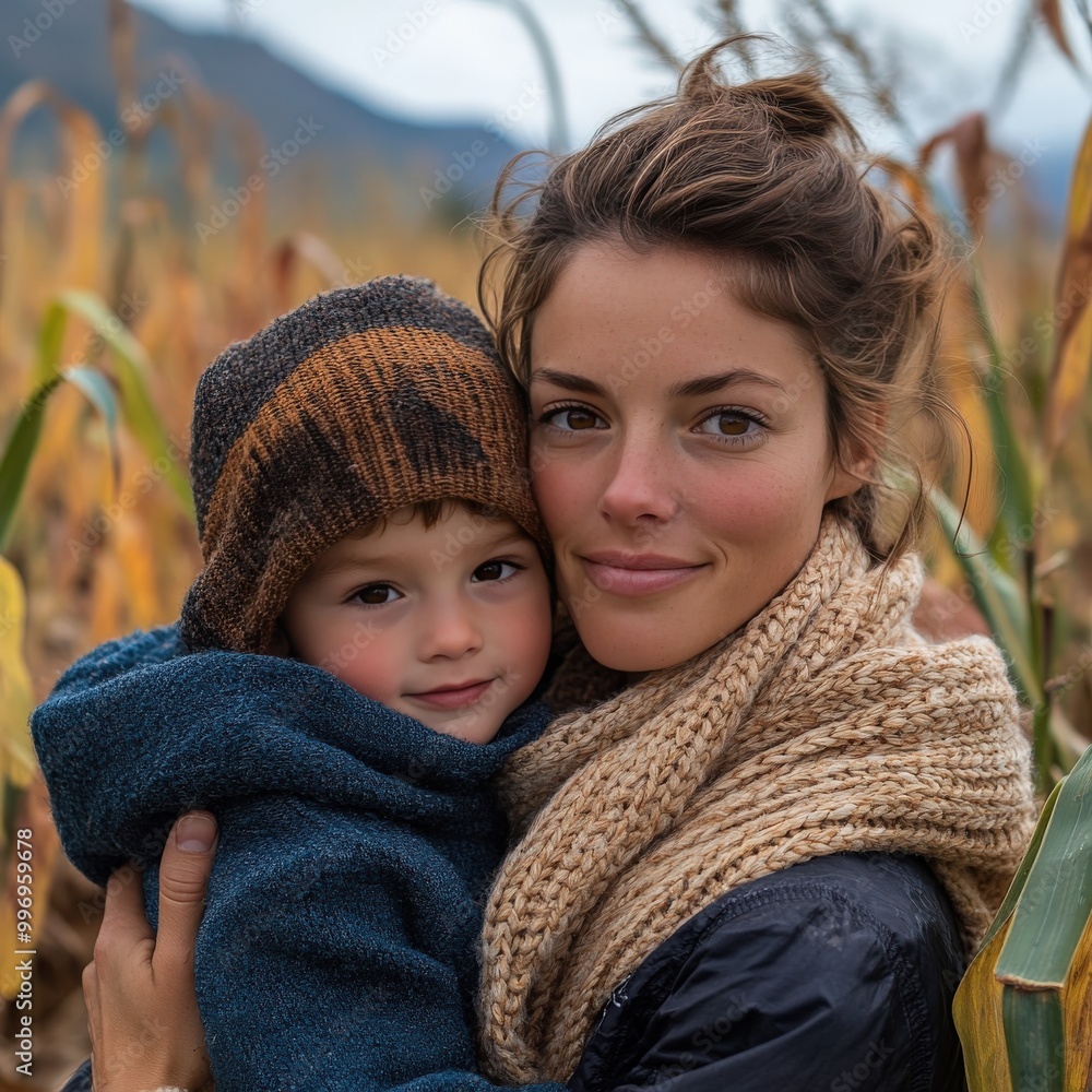 Obraz premium Mother and child joyfully navigating a tall corn maze on a sunny autumn afternoon