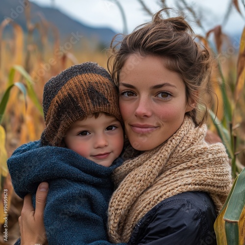 Mother and child joyfully navigating a tall corn maze on a sunny autumn afternoon