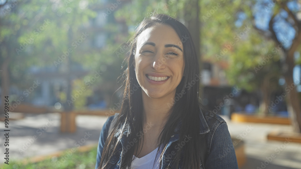A smiling young hispanic woman enjoys a sunny day in a vibrant city park, exuding natural beauty and happiness. A smiling young hispanic woman enjoys a sunny day in a vibrant city park, exuding natural beauty and happiness.