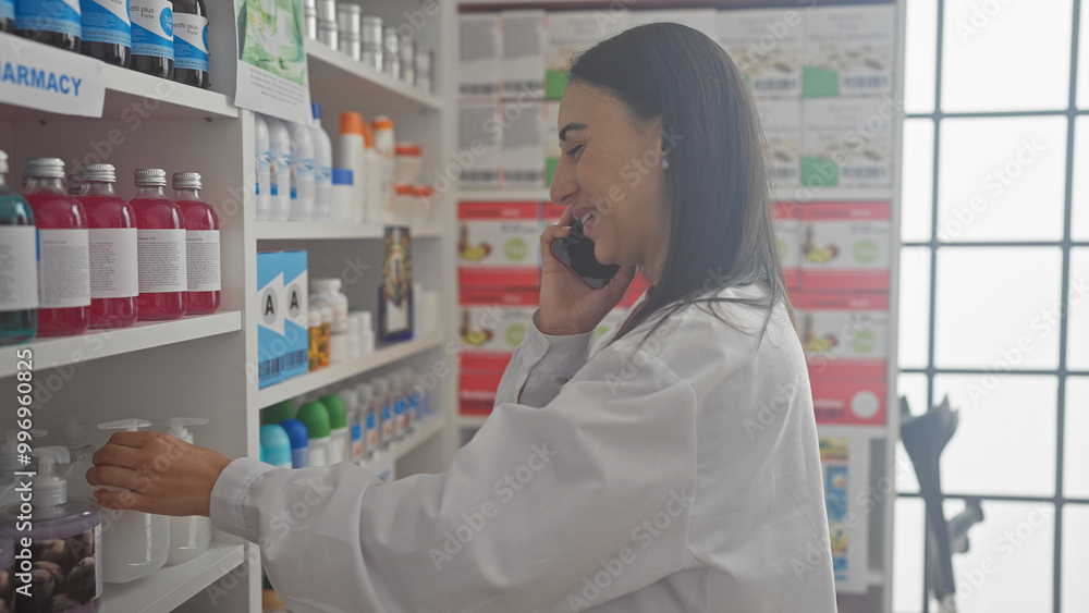 A hispanic woman pharmacist in a white lab coat uses a smartphone while organizing shelves in a pharmacy indoors. A hispanic woman pharmacist in a white lab coat uses a smartphone while organizing shelves in a pharmacy indoors.
