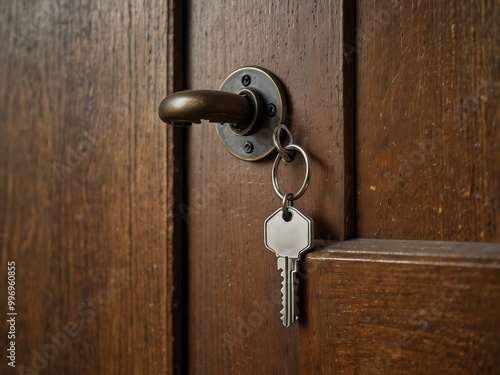 Open door to a new home with a key and keychain.