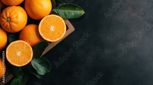 A captivating image showcasing ripe, fresh oranges and green leaves placed on a dark background, creating a striking contrast that highlights the bright, juicy citrus fruit.