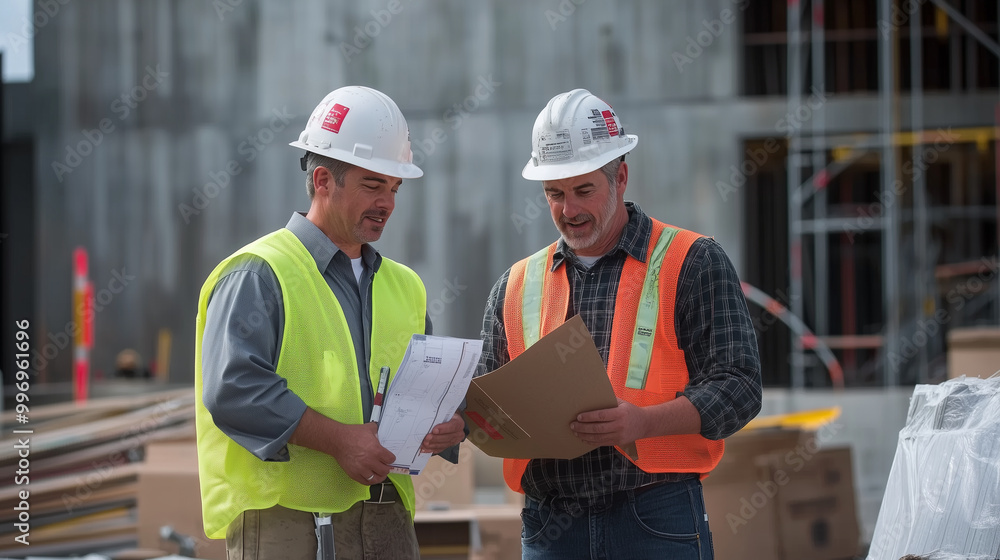 Contractor and engineer on a construction site, carefully evaluating materials for a building project, focused on safety, quality, and efficient collaboration in the construction p Contractor and engineer on a construction site, carefully evaluating materials for a building project, focused on safety, quality, and efficient collaboration in the construction p