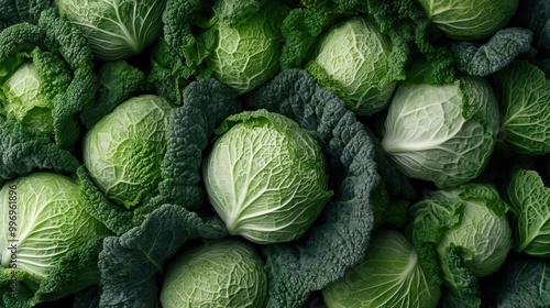 A collection of fresh, organic cabbage heads with textured, dark green leaves, shining with freshness and promoting their health benefits for a balanced diet.