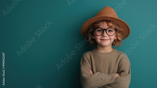 A confident boy poses in a brown hat and glasses, arms crossed against a teal backdrop. His smile radiates self-assuredness, adding a charming aura to the scene. photo