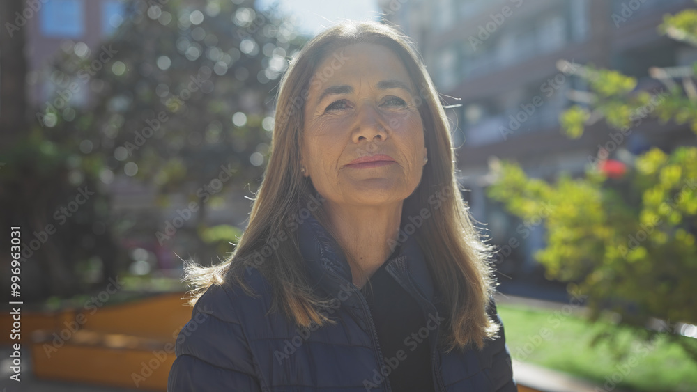 Mature woman pondering in a sunlit outdoor setting, exuding a serene, thoughtful presence Mature woman pondering in a sunlit outdoor setting, exuding a serene, thoughtful presence