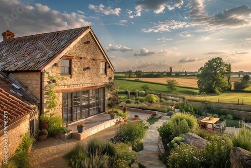 A picturesque barn conversion with a rustic exterior and a contemporary interior, situated on a vast piece of farmland. The house has a beautiful garden and a view of the surrounding fields.