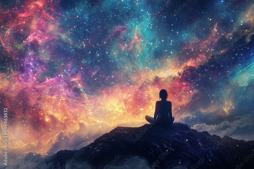 Silhouette of a meditating person on the background of the universe and cosmos. Meditative background, chakras, consciousness spirituality. Silhouette of a meditating person on the background of the universe and cosmos. Meditative background, chakras, consciousness spirituality.