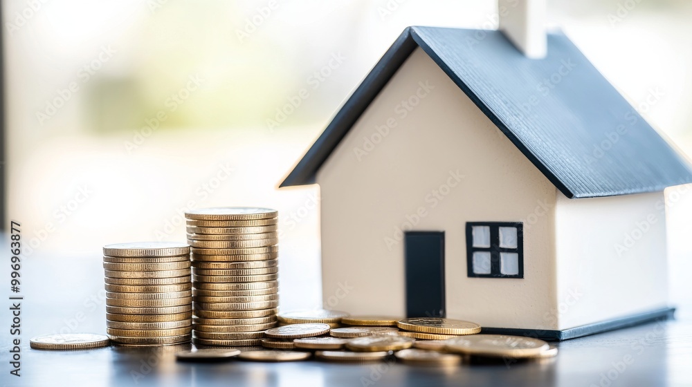 Illustration representing an investment in real estate surrounded by coins in a cartoon format, displayed against an outdoor background. Illustration representing an investment in real estate surrounded by coins in a cartoon format, displayed against an outdoor background.