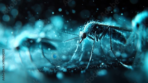 An intensely detailed close-up shot of two mosquitoes captured in a captivating blue light setting, showcasing the delicate details and eerie beauty of these insects. photo