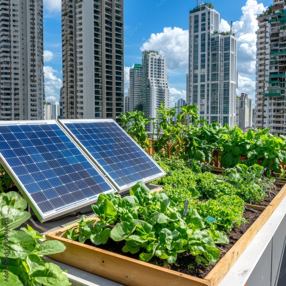 Fototapeta premium A green roof with solar panels and urban farming integrates sustainability into urban living