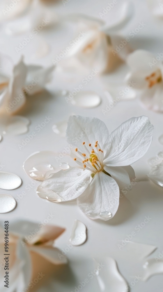 A close-up of delicate white flowers with droplets on a light background. A close-up of delicate white flowers with droplets on a light background.