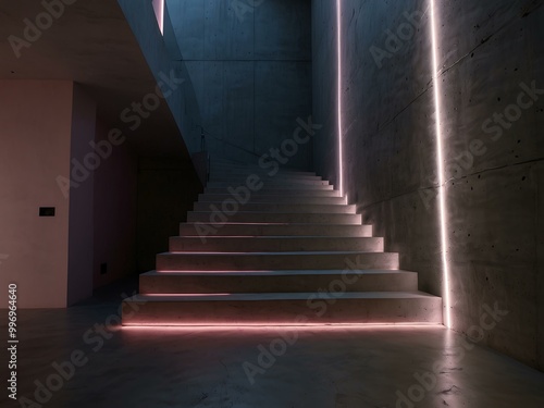 Minimalist Concrete Staircase with Integrated Pink Neon Lights