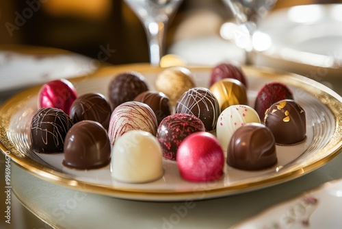 Valentinea??s Day chocolates in a luxurious setting, perfect for romantic gifting promotions photo