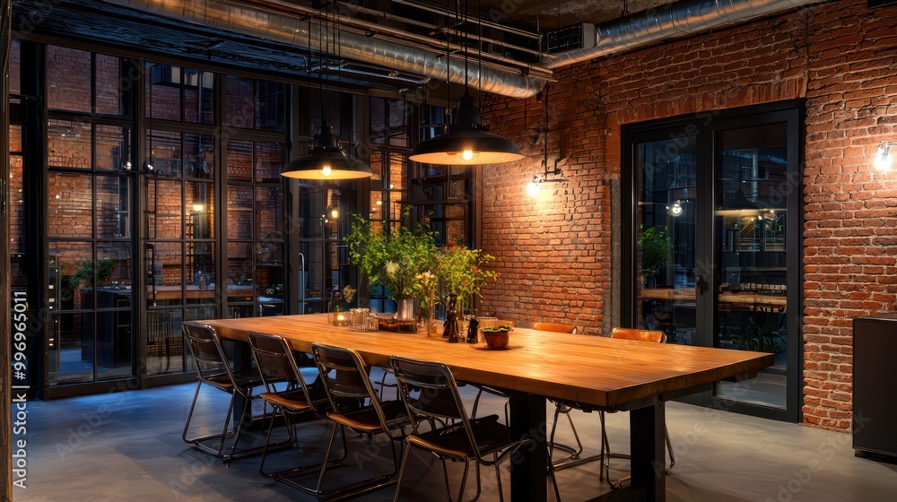 An industrial dining room featuring a large wooden table, steel frame chairs, and brick walls illuminated by retractable pendant lights An industrial dining room featuring a large wooden table, steel frame chairs, and brick walls illuminated by retractable pendant lights