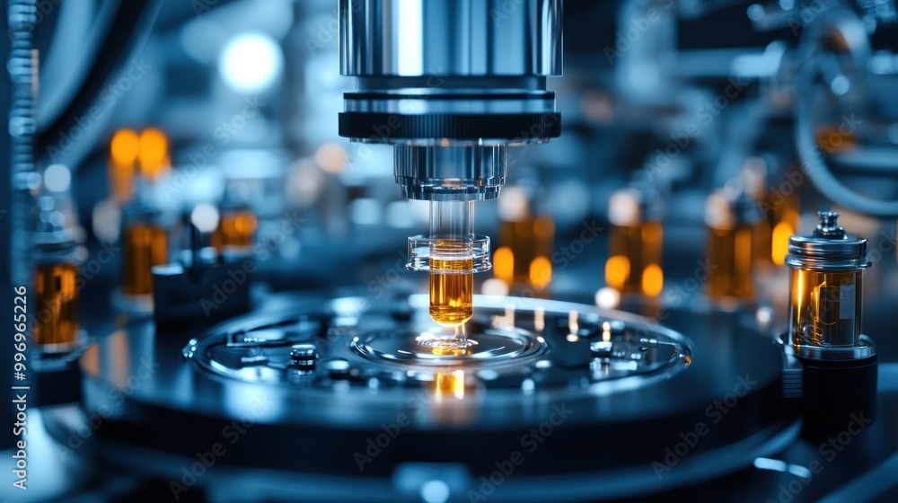 Close-up of a microscope examining vials in a high-tech laboratory setting. Close-up of a microscope examining vials in a high-tech laboratory setting.