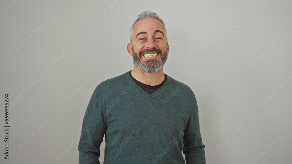 Smiling bearded man in casual wear against a white isolated background exudes approachability and ease. Smiling bearded man in casual wear against a white isolated background exudes approachability and ease.
