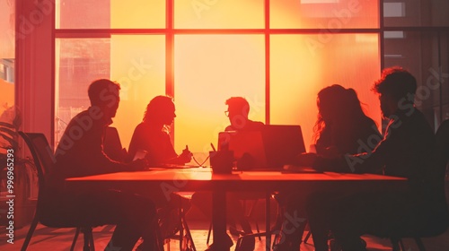 Group of diverse office workers brainstorming ideas around a table, copy space