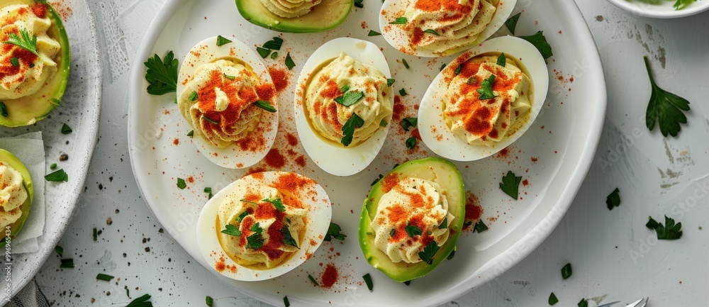 Delicious deviled eggs served on a white plate with garnish and paprika on a light background Delicious deviled eggs served on a white plate with garnish and paprika on a light background