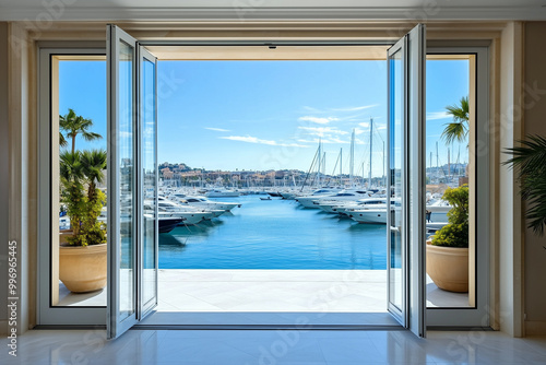 Elegant Seaview Door with Aluminum Finish  Overlooking a Peaceful Beach with Swaying Palm Trees
