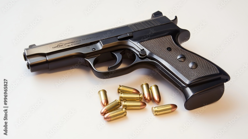 9mm Handgun with ammunition on white background 9mm Handgun with ammunition on white background
