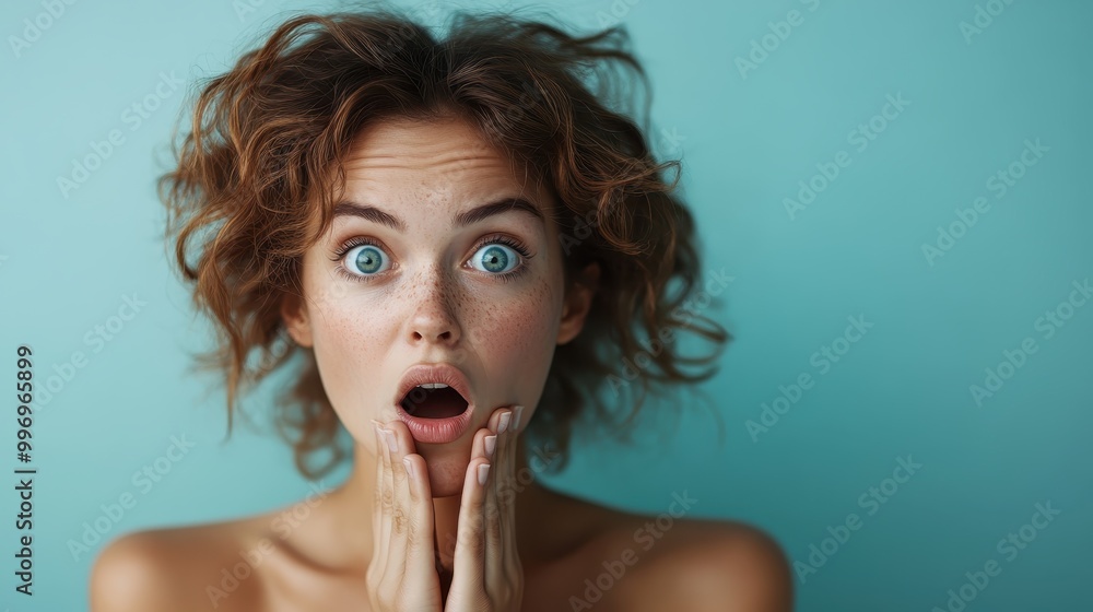 A woman with strikingly open eyes places her hands on her cheeks, her expression evoking intense surprise and curiosity on a blue backdrop. A woman with strikingly open eyes places her hands on her cheeks, her expression evoking intense surprise and curiosity on a blue backdrop.