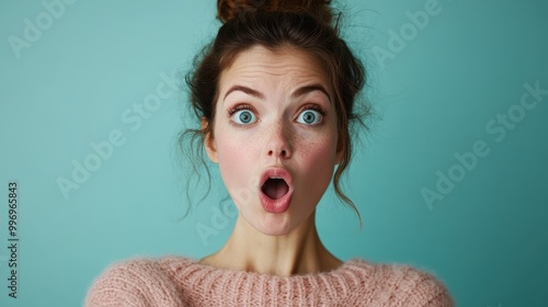 Woman with wide eyes and open mouth wearing a pink sweater, hair in a bun, stands against a blue background capturing emotions of surprise and disbelief.