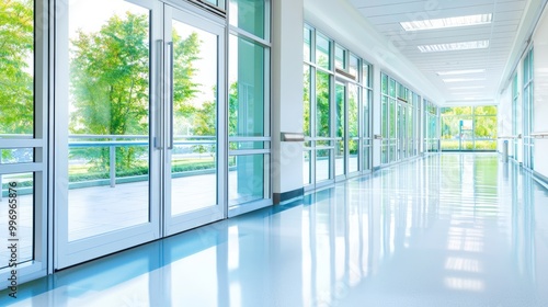 View into hotel or office lobby with blurred background interior view toward reception hall modern luxury white room space with blurry corridor and building glass wall window  Stock image