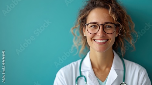 A female doctor wearing a white coat and glasses, smiling confidently with a stethoscope around her neck, embodying professionalism and care in a medical setting.