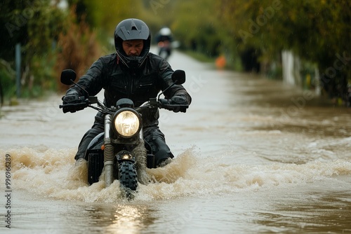Biker on a flooded road during a flood caused by heavy rain