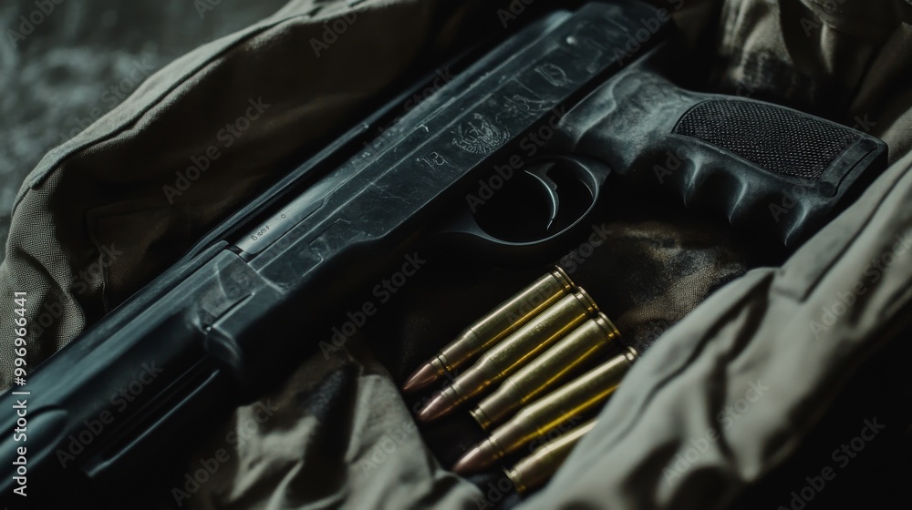 A black shotgun with a plastic handle and ammo are inside a canvas bag. The gun is smooth-barreled. A black shotgun with a plastic handle and ammo are inside a canvas bag. The gun is smooth-barreled.
