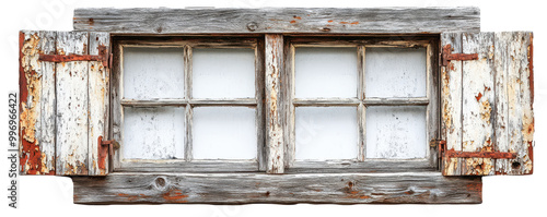 Rustic wooden window with shutters, transparent isolate background.