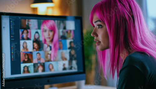 Jovem mulher com cabelo rosa trabalhando remotamente em videoconferência conversando com colegas, trabalho remoto e conceito de cultura flexível, nômade digital feminina mestiça trabalhando 