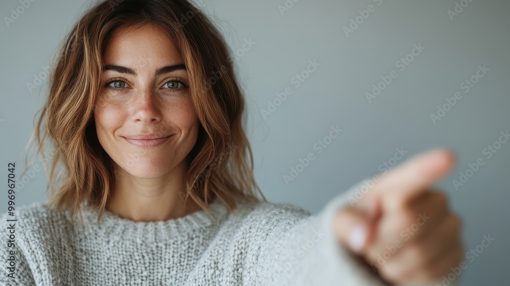 A woman in a gray sweater points forward with confidence and friendliness, framed by a soft background, suggesting determination and approachable demeanor. A woman in a gray sweater points forward with confidence and friendliness, framed by a soft background, suggesting determination and approachable demeanor.