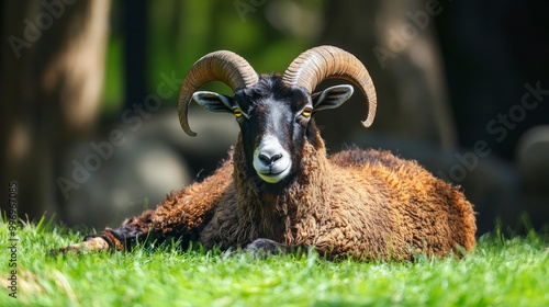 A Cameroon sheep rests on a patch of green grass, its horns visible as it enjoys a peaceful moment. photo