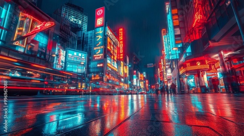 A city scene with bright blue neon signs illuminating the night.