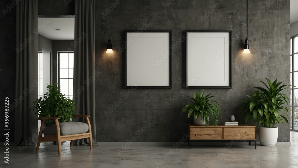 Modern Interior with Blank Frame and Plants Modern Interior with Blank Frame and Plants