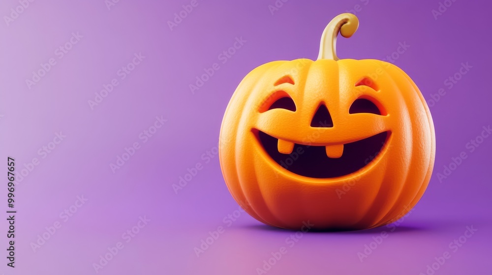 Fototapeta premium This cute jack-o'-lantern features a large, smiling face with bright orange skin, set against a lively purple backdrop, perfect for Halloween festivities and decorations