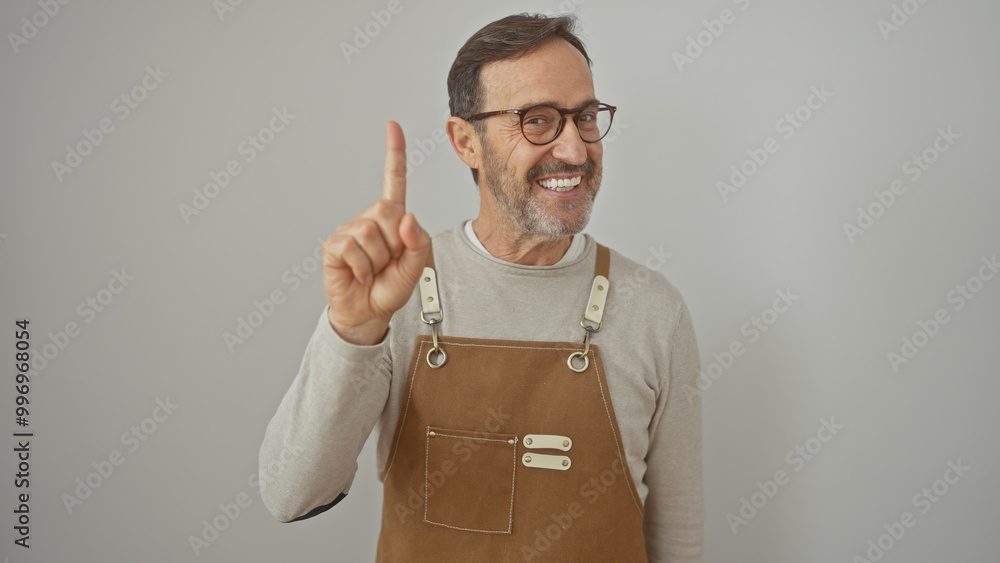 Middle-aged man with beard in apron pointing upwards isolated on white background, portraying confidence and expertise. Middle-aged man with beard in apron pointing upwards isolated on white background, portraying confidence and expertise.