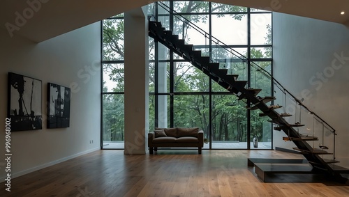 Modern Minimalist Interior with Large Windows and Stairs