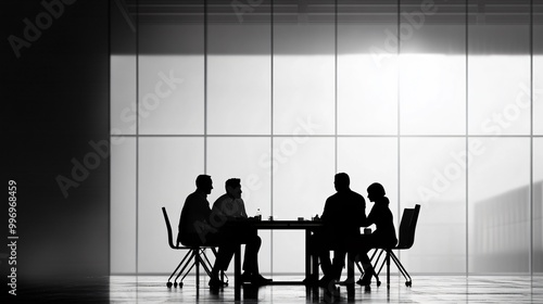 Group of diverse office workers brainstorming ideas around a table, copy space 