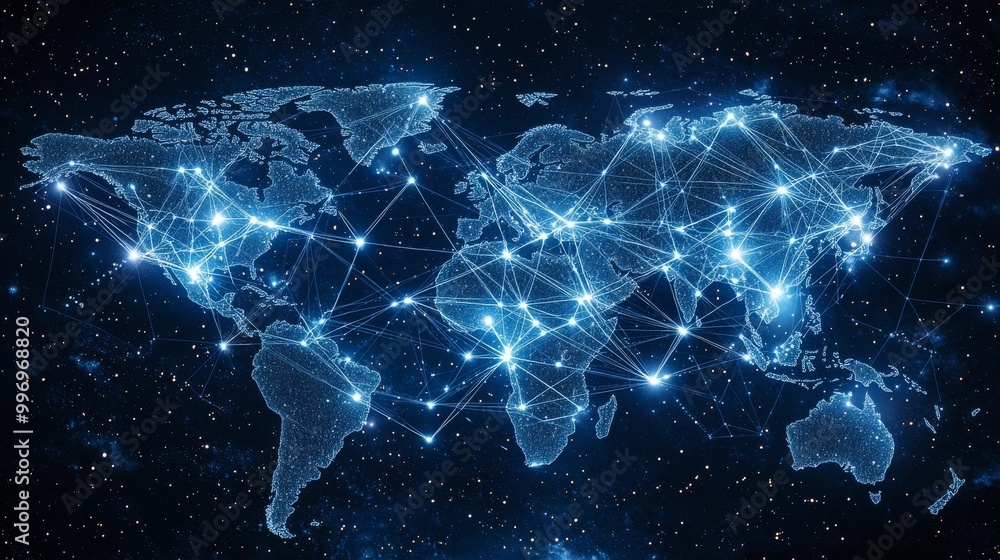 The globe is glowing on a dark background illustrating globalization. The communications networks in the world are depicted in a network map. The future is technological. World connectivity and The globe is glowing on a dark background illustrating globalization. The communications networks in the world are depicted in a network map. The future is technological. World connectivity and
