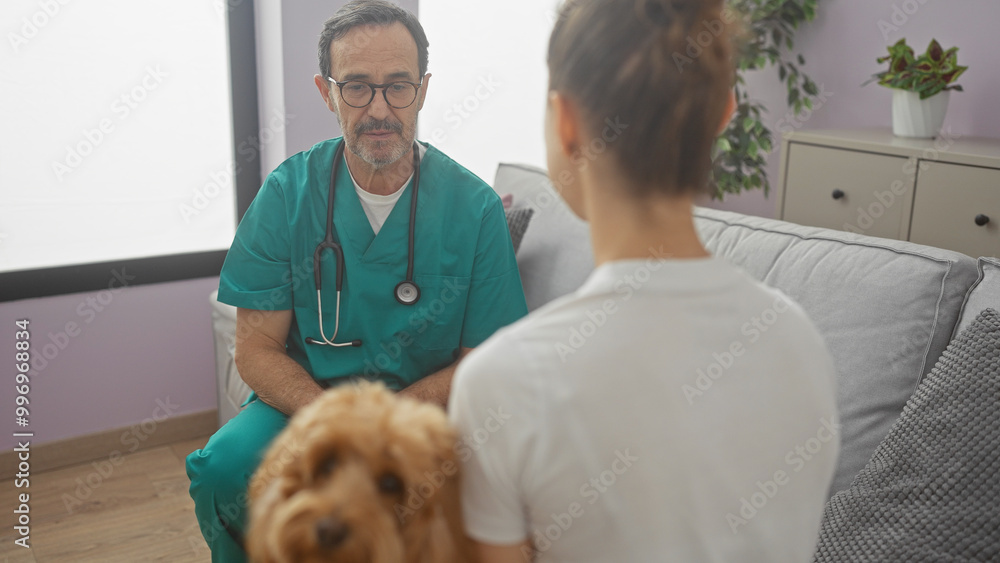 Mature veterinarian speaking with a client in a cozy living room, accompanied by a poodle. Mature veterinarian speaking with a client in a cozy living room, accompanied by a poodle.