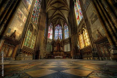 Majestic cathedral interior with colorful stained glass windows casting vibrant light  showcasing stunning architecture and the sacred beauty of religious heritage  Generative AI