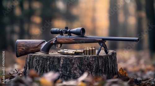 A hunting rifle, ammo, and binoculars are placed on a tree stump in the open air.