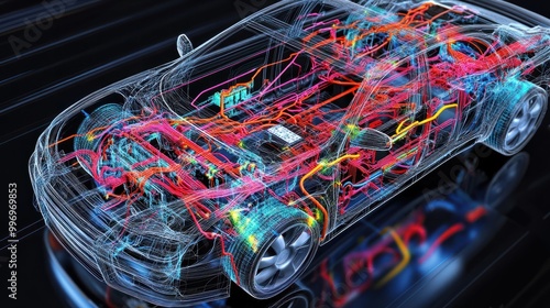 3d mesh visualization of a car s internal wiring network created with generative ai technology