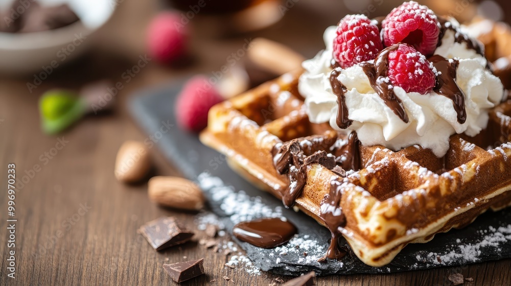 A golden waffle adorned with a generous serving of whipped cream, fresh raspberries, and drizzled chocolate sauce, creating a mouth-watering visual treat. A golden waffle adorned with a generous serving of whipped cream, fresh raspberries, and drizzled chocolate sauce, creating a mouth-watering visual treat.