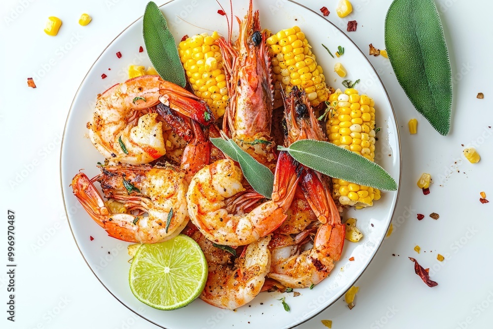 Grilled shrimps and corn garnished with lime and sage leaves. Prawns on white plate. View from above, top studio shot - generative ai Grilled shrimps and corn garnished with lime and sage leaves. Prawns on white plate. View from above, top studio shot - generative ai
