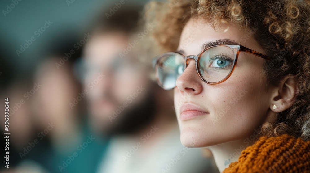 The image shows a person with curly hair and glasses posed attentively in a group setting. The focus highlights intellectual engagement and modern style accessories. The image shows a person with curly hair and glasses posed attentively in a group setting. The focus highlights intellectual engagement and modern style accessories.
